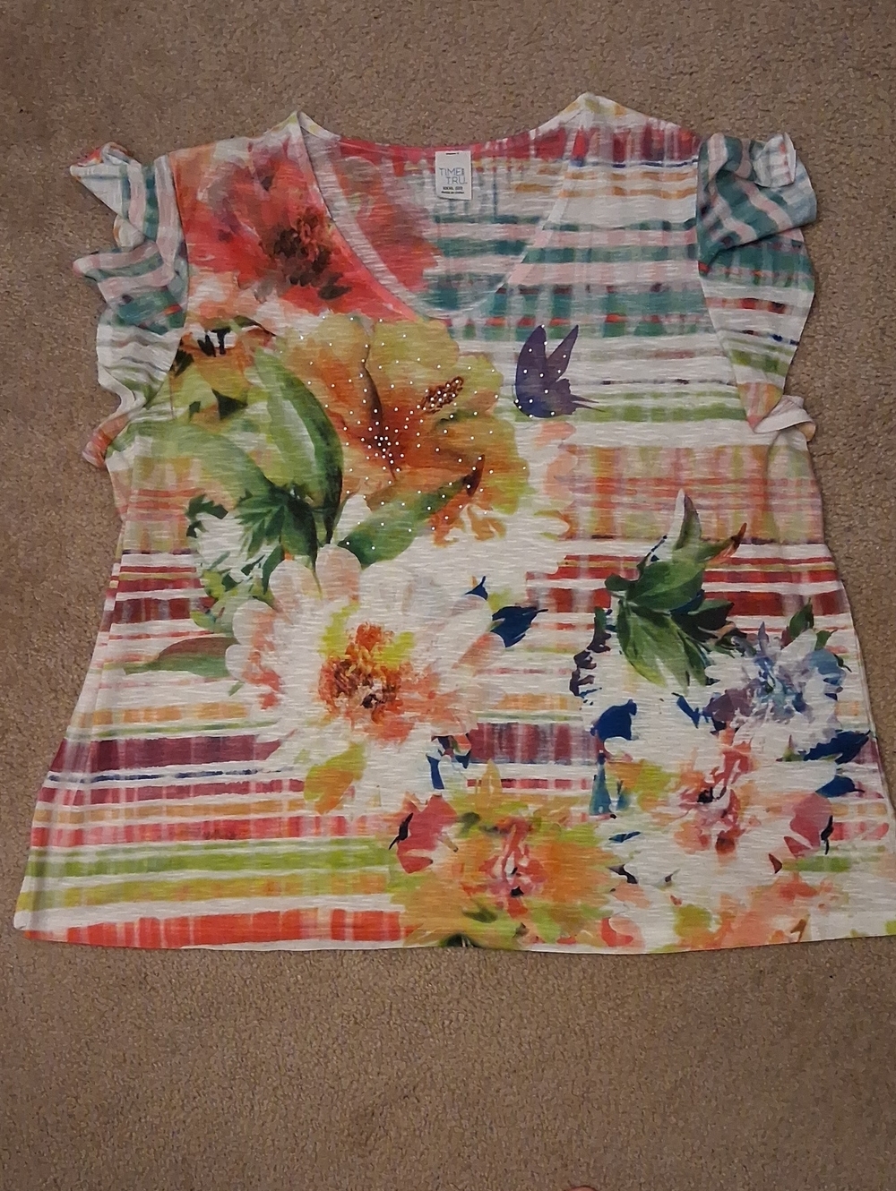 Time and Tru Multicolor Floral & Stripe V-Neck Short Sleeve Top